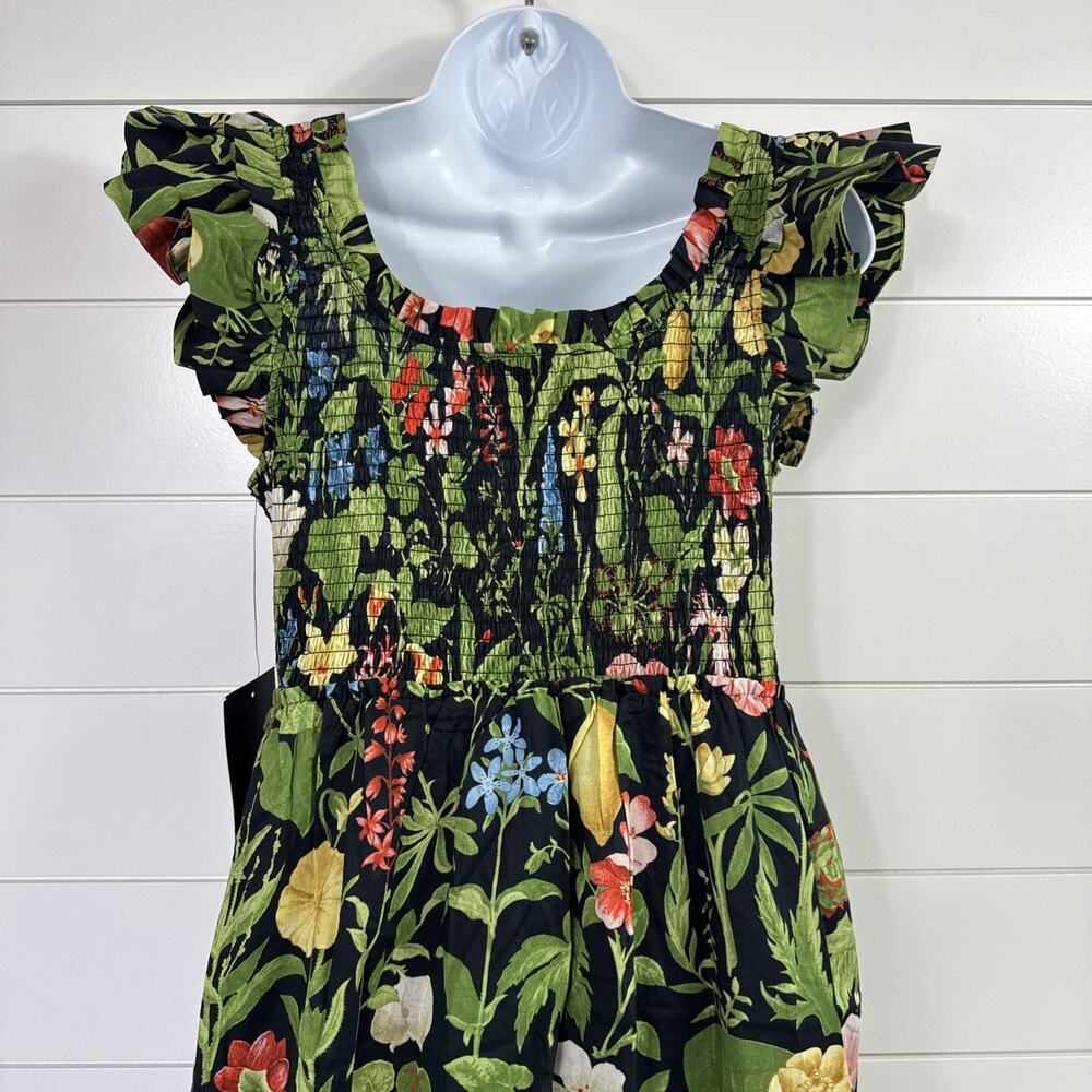 Tuckernuck Mallie Smocked Midi Dress Black Blooming Botanical Print sz L - Picture 5 of 7